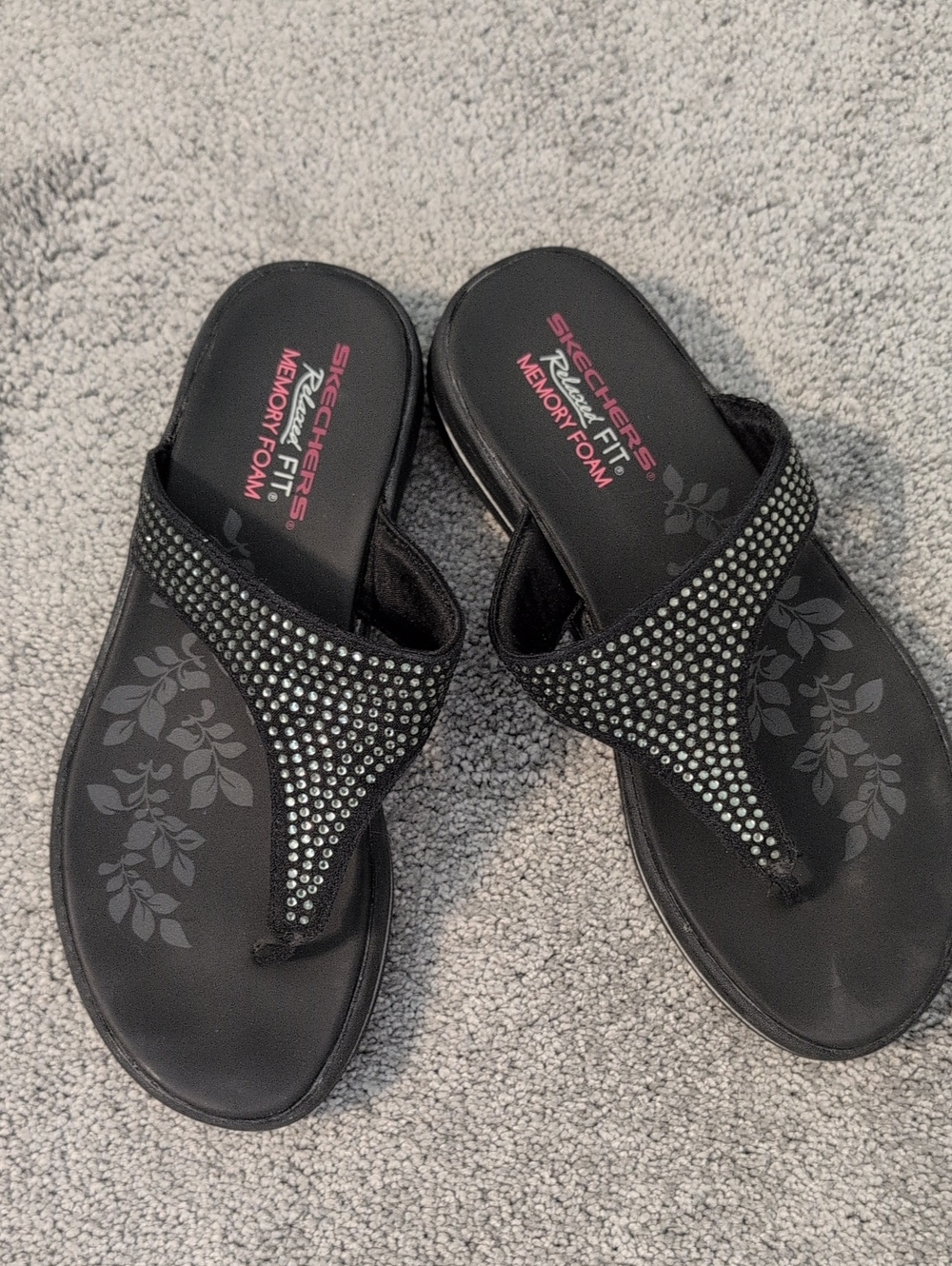 Skechers Black Studded Memory Foam Thong Sandals